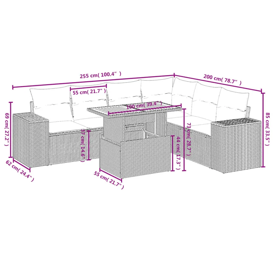 Salon de jardin 7 pcs avec coussins noir résine tressée 62 x 62 x 69 cm - 64,7 kg - 3