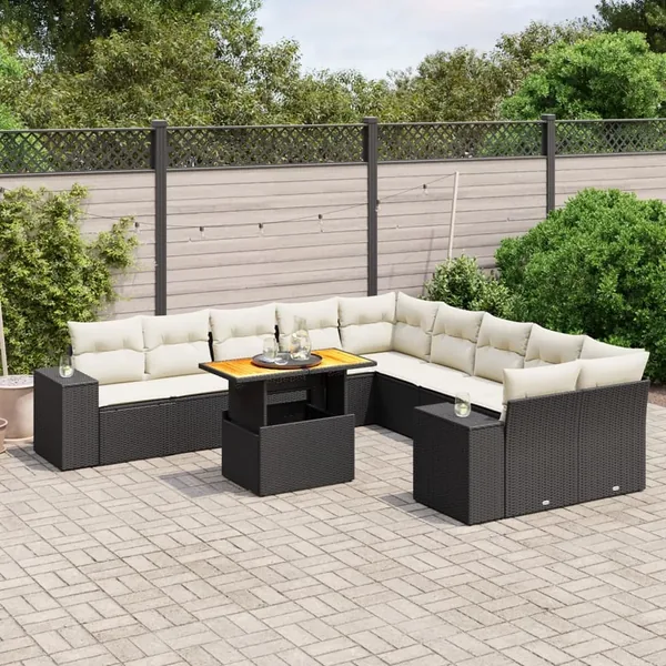 Salon de jardin 11 pcs avec coussins noir résine tressée