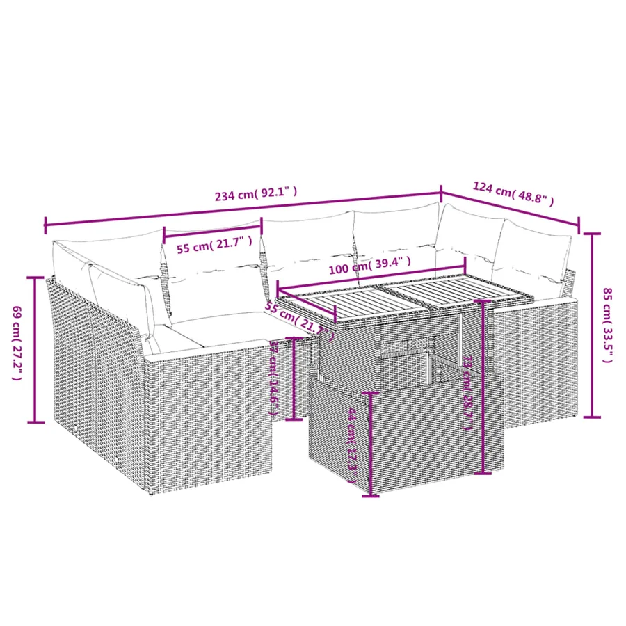 Salon de jardin 7 pcs avec coussins noir résine tressée 62 x 62 x 69 cm - 65,2 kg - 3