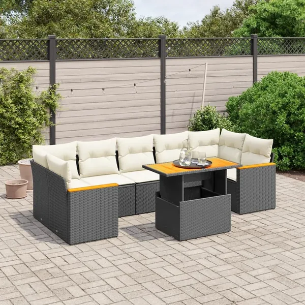 Salon de jardin 8 pcs avec coussins noir résine tressée