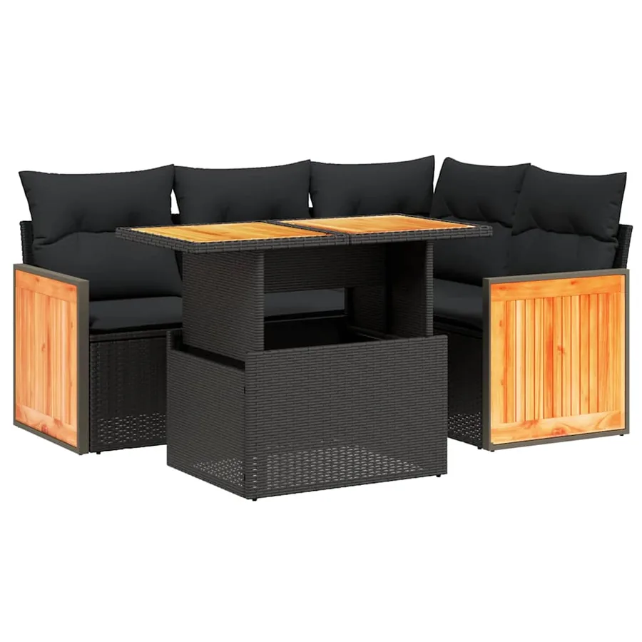 Salon de jardin 5 pcs avec coussins noir résine tressée - 2