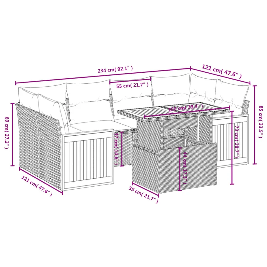 Salon de jardin 7 pcs avec coussins noir résine tressée 55 x 62 x 69 cm - 67,6 kg - 3