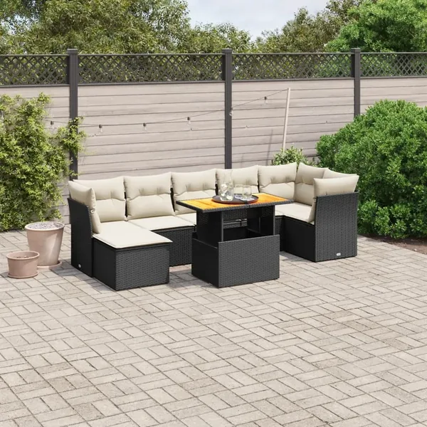 Salon de jardin 8 pcs avec coussins noir résine tressée