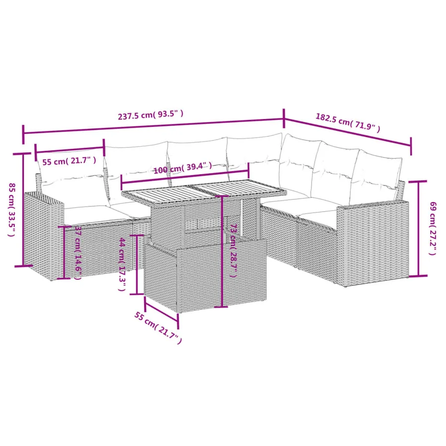 Salon de jardin 7 pcs avec coussins noir résine tressée 62 x 62 x 69 cm - 61,6 kg - 3