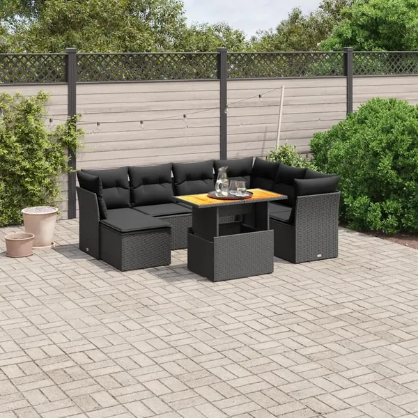 Salon de jardin 8 pcs avec coussins noir résine tressée