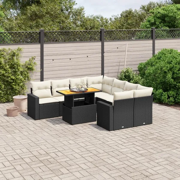 Salon de jardin 9 pcs avec coussins noir résine tressée