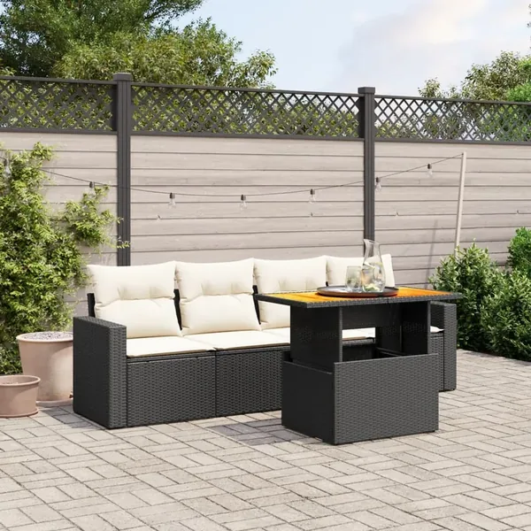 Salon de jardin 5 pcs avec coussins noir résine tressée