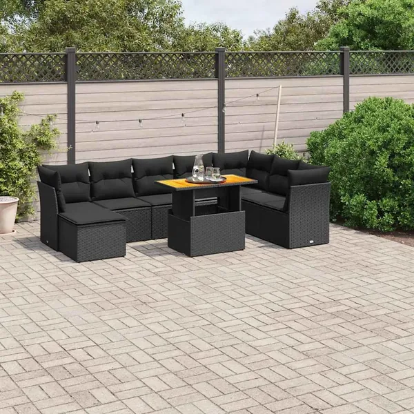 Salon de jardin 9 pcs avec coussins noir résine tressée