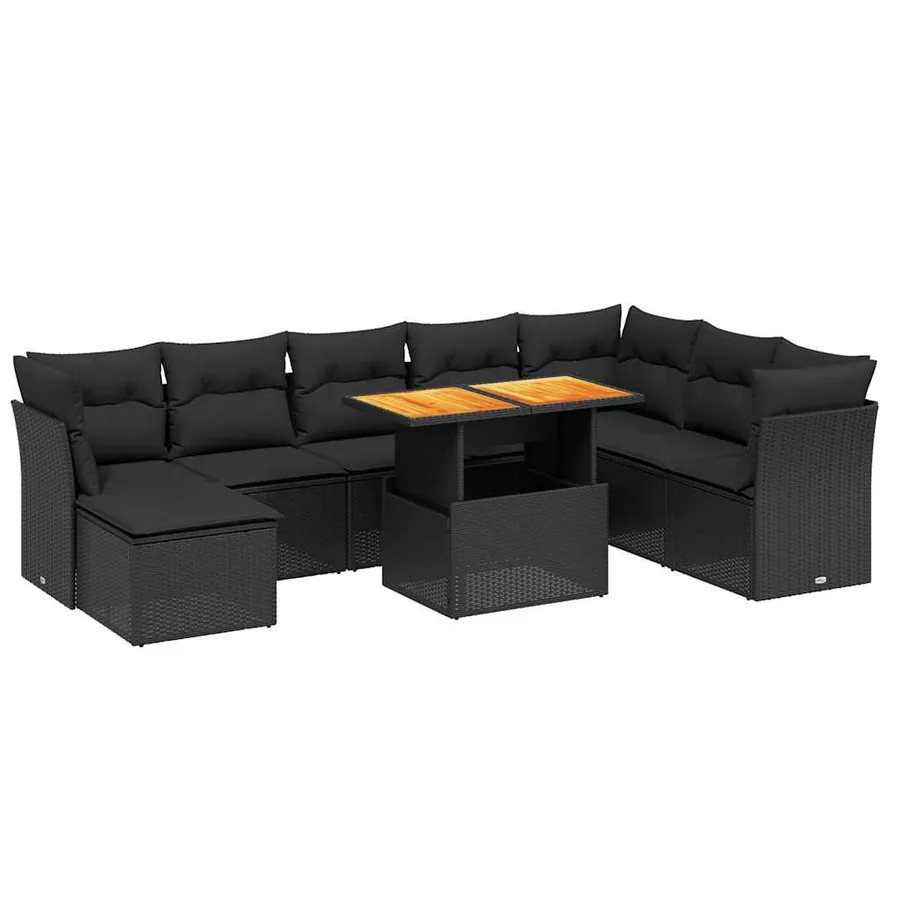 Salon de jardin 9 pcs avec coussins noir résine tressée - 2