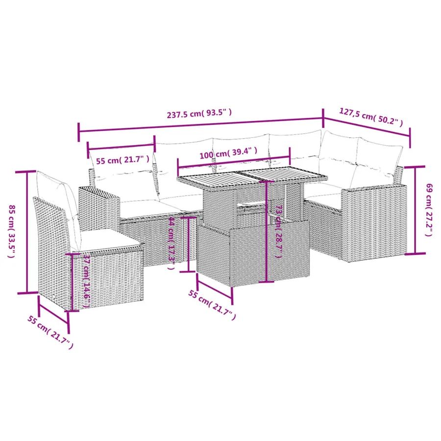Salon de jardin 7 pcs avec coussins noir résine tressée 62 x 62 x 69 cm - 61,6 kg - 3
