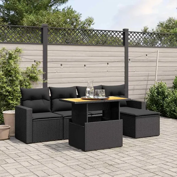 Salon de jardin 6 pcs avec coussins noir résine tressée
