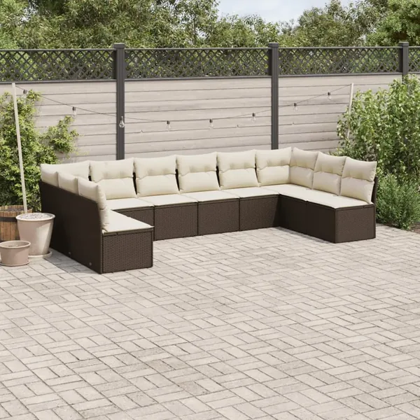 Salon de jardin 10 pcs avec coussins marron résine tressée