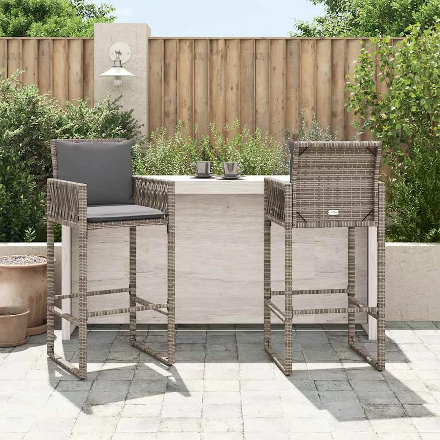 Tabourets de bar jardin coussins lot de 2 gris résine tressée - 3