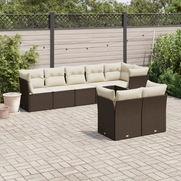 Salon de jardin 8 pcs avec coussins marron résine tressée