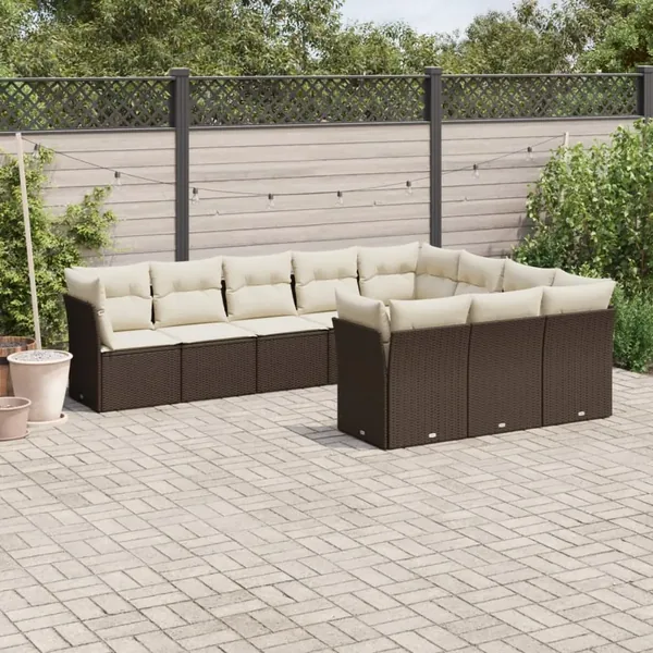 Salon de jardin 10 pcs avec coussins marron résine tressée