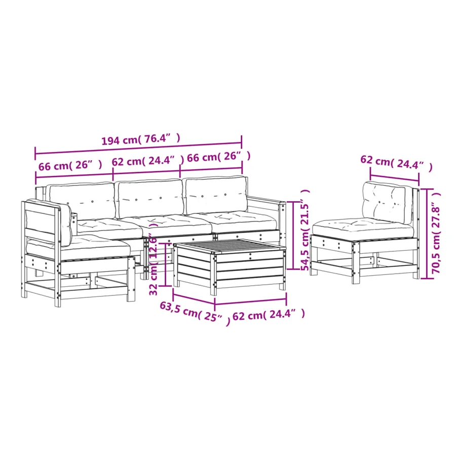 Salon de jardin 6 pcs avec coussins Bois de pin massif - 10