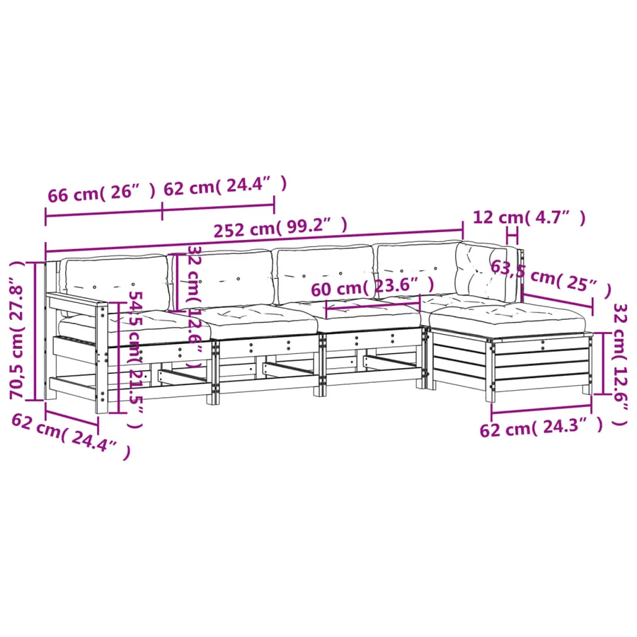 Salon de jardin 5 pcs avec coussins Bois de pin massif - 11