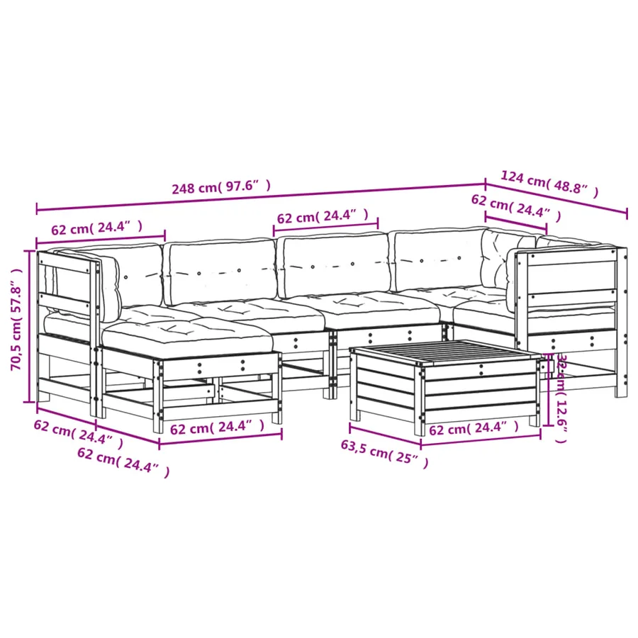 Salon de jardin 7 pcs avec coussins Bois de pin massif - 10
