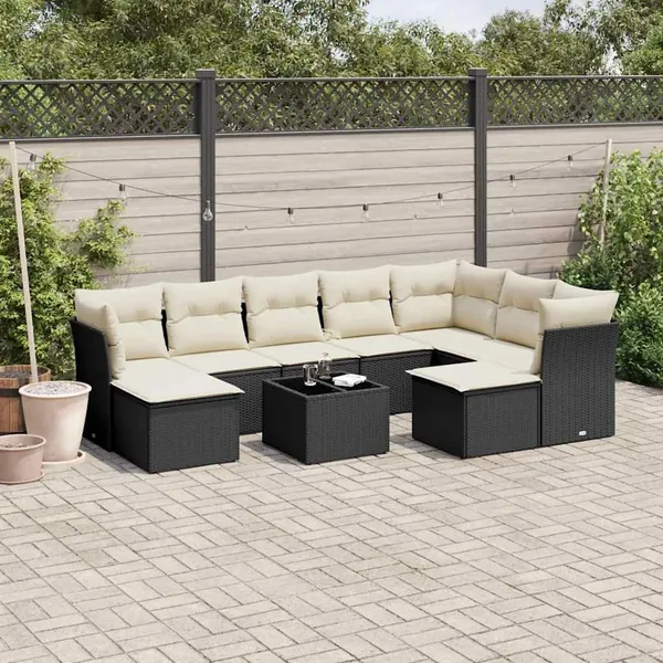 Salon de jardin 10 pcs avec coussins noir résine tressée