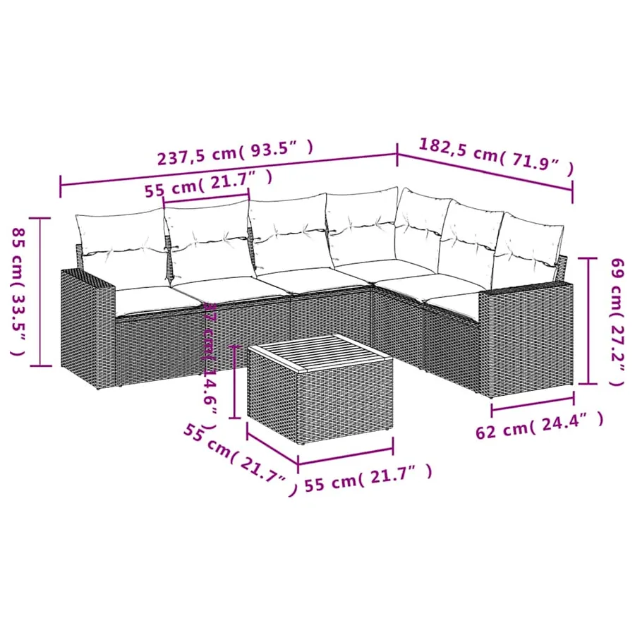 Salon de jardin 7 pcs avec coussins noir résine tressée 62 x 62 x 69 cm - 59,4 kg - 12