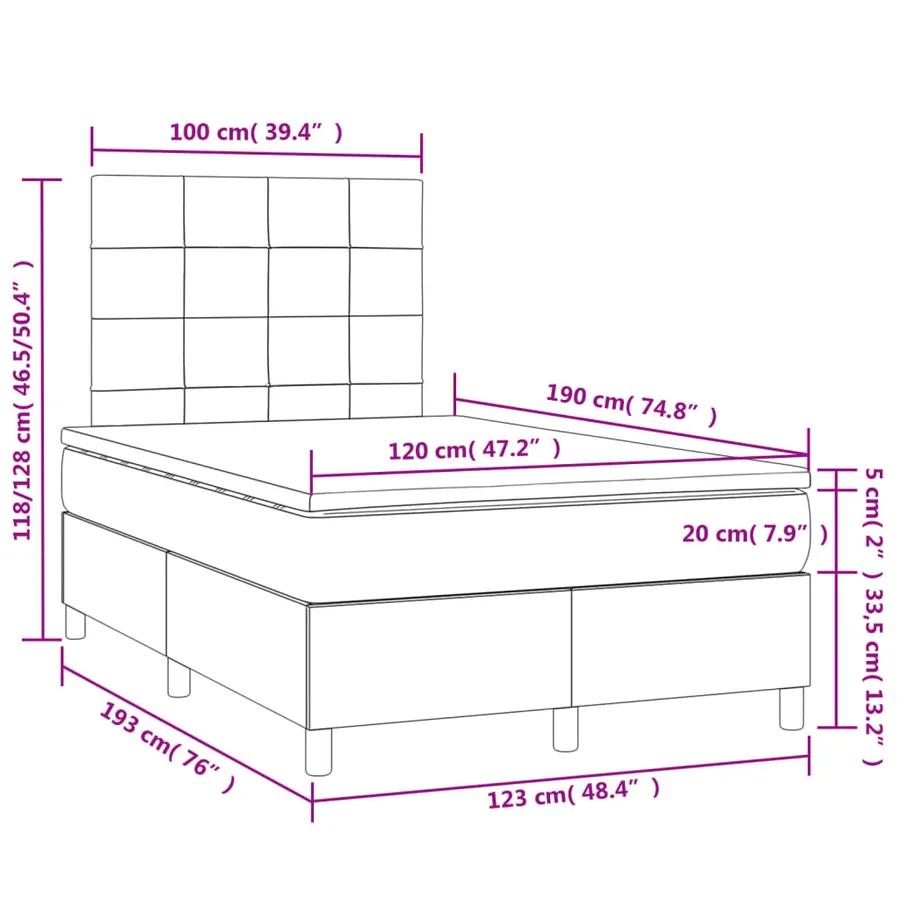 Sommier à lattes de lit matelas et LED noir 120x190 cm tissu - 11