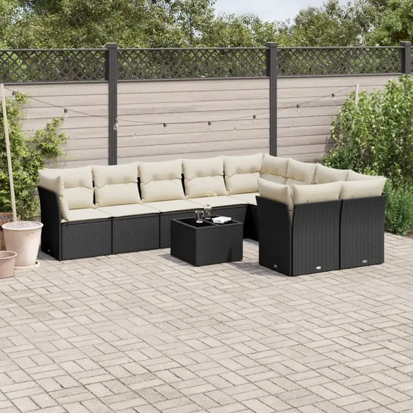 Salon de jardin 10 pcs avec coussins noir résine tressée