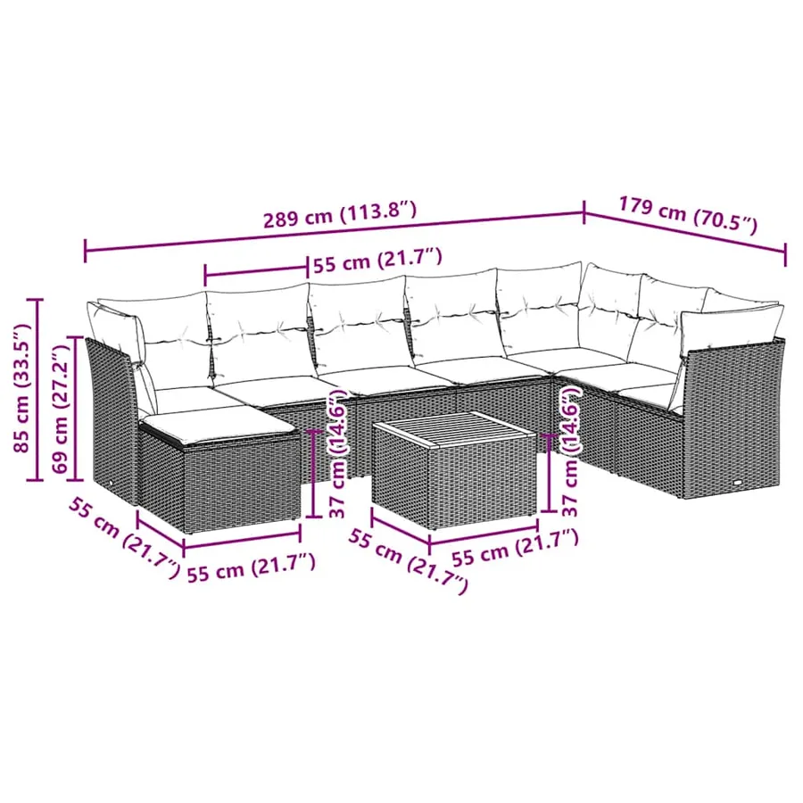 Salon de jardin 9 pcs avec coussins noir résine tressée - 11