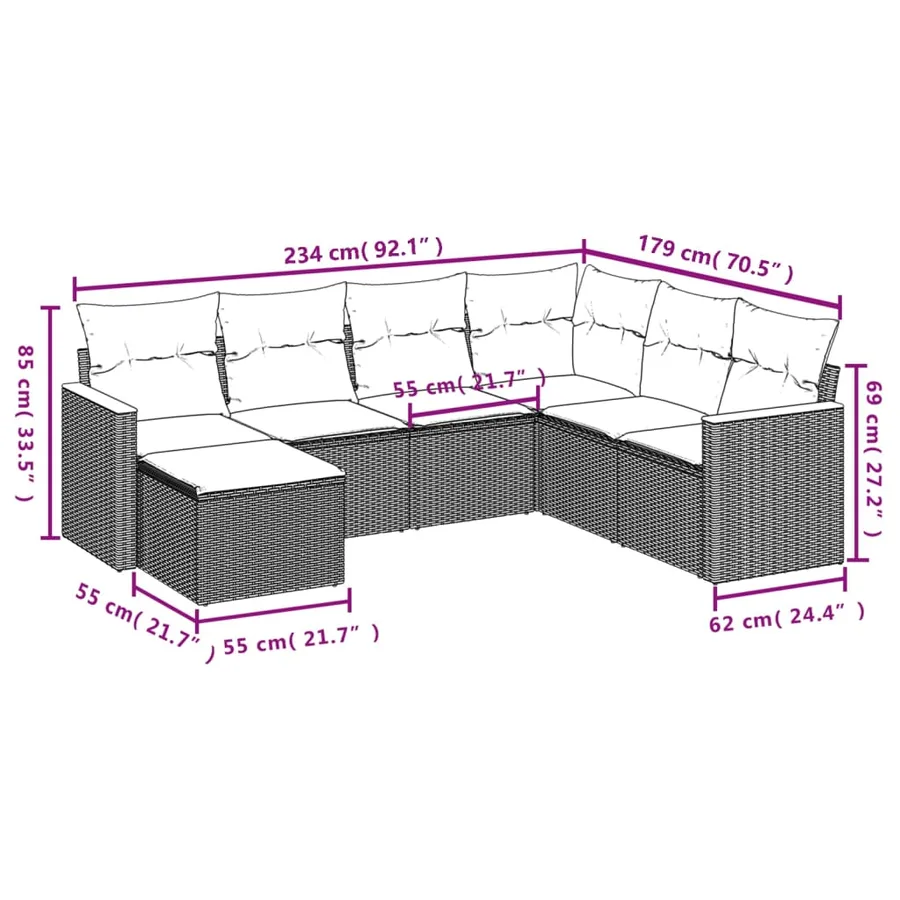 Salon de jardin 7 pcs avec coussins noir résine tressée 62 x 62 x 69 cm - 59,4 kg - 3