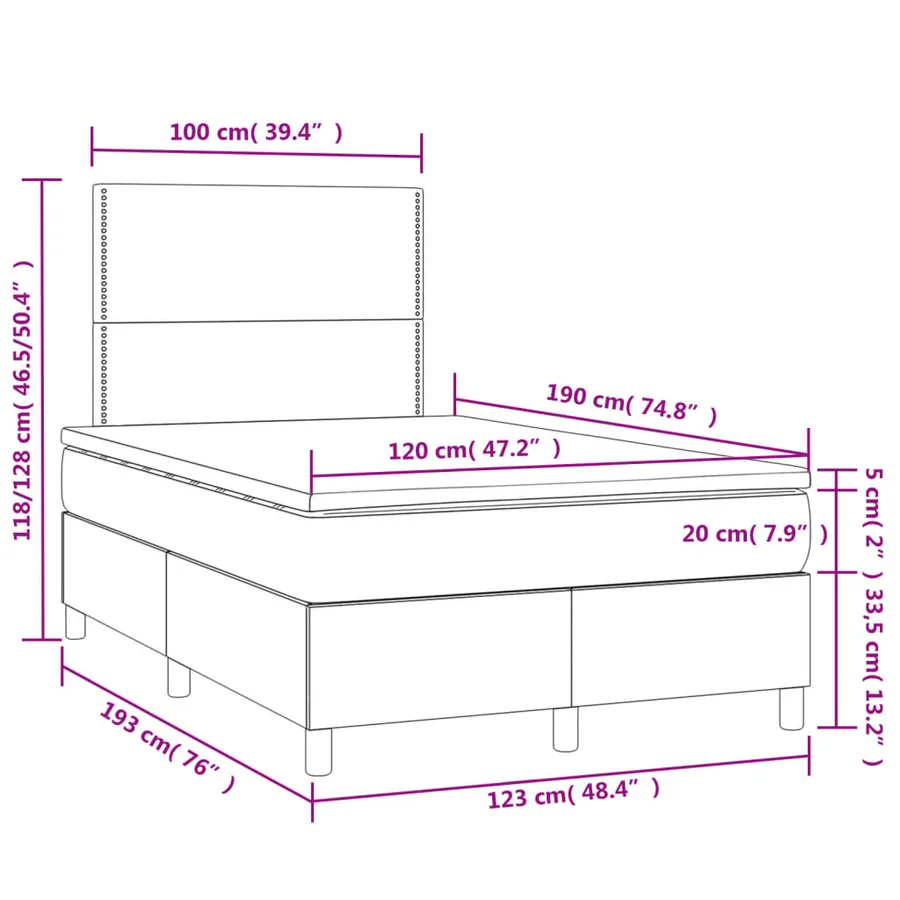 Sommier à lattes de lit matelas et LED noir 120x190 cm tissu - 11