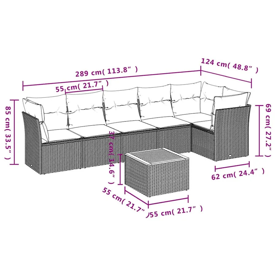 Salon de jardin 7 pcs avec coussins noir résine tressée 62 x 62 x 69 cm - 60,1 kg - 10