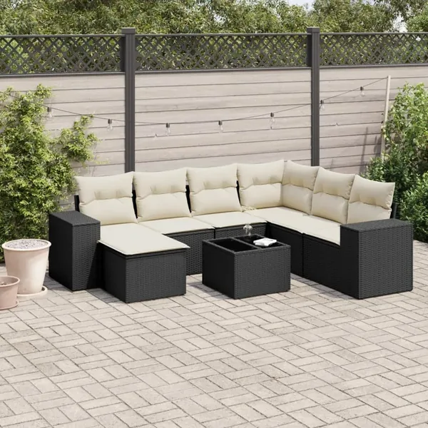 Salon de jardin 8 pcs avec coussins noir résine tressée