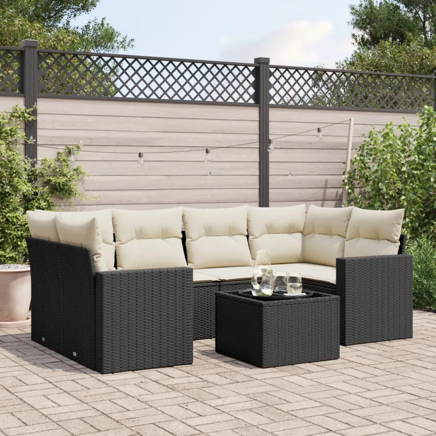 Salon de jardin 7 pcs avec coussins noir résine tressée 62 x 62 x 69 cm - 62,9 kg