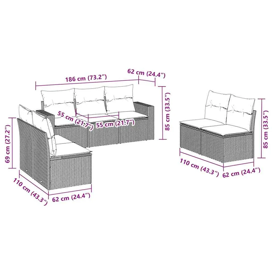Salon de jardin 7 pcs avec coussins noir résine tressée 55 x 62 x 69 cm - 58,8 kg - 3