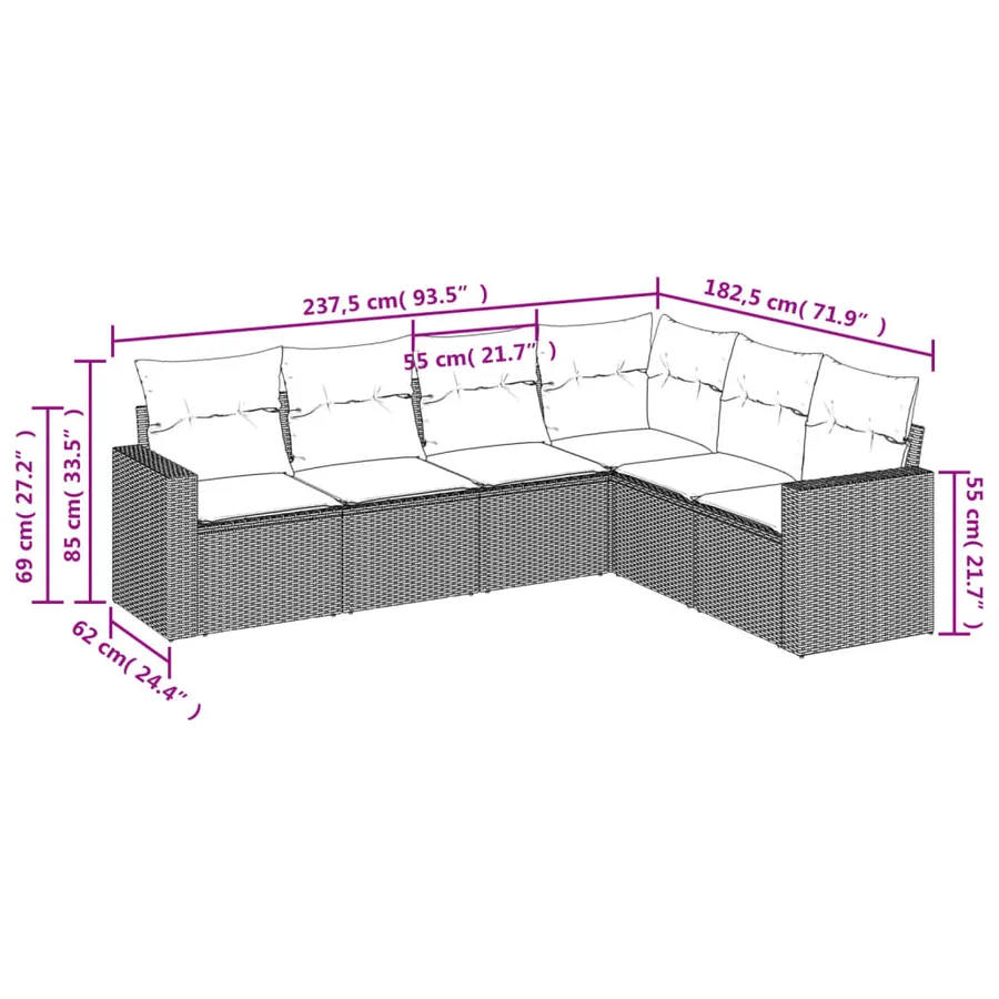 Salon de jardin 6 pcs avec coussins noir résine tressée - 3
