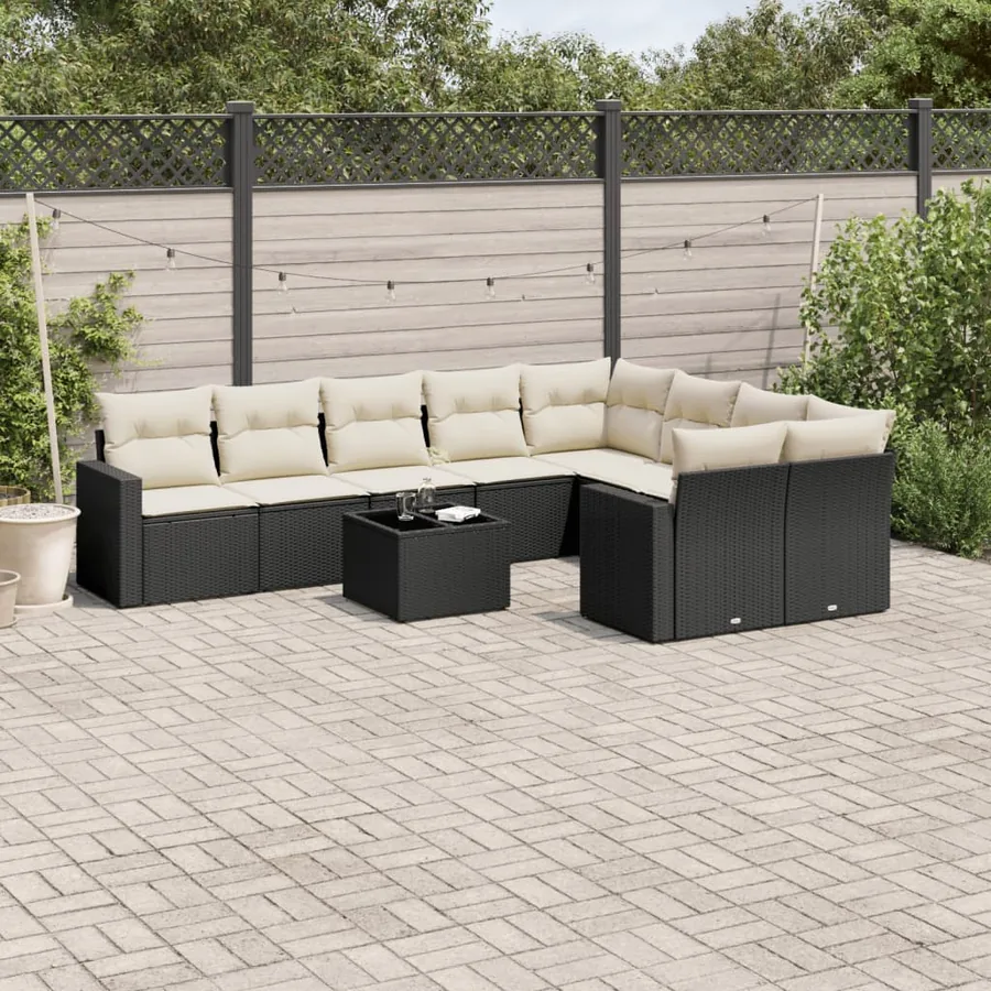 Salon de jardin 10 pcs avec coussins noir résine tressée