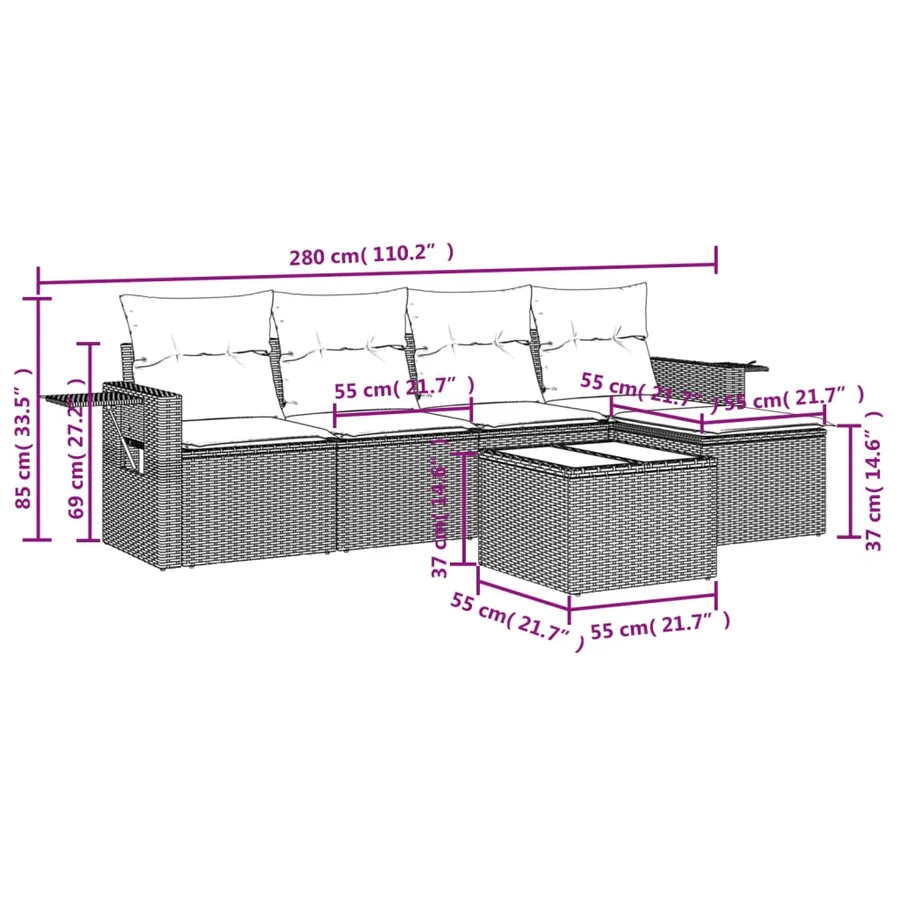 Salon de jardin 6 pcs avec coussins noir résine tressée - 3
