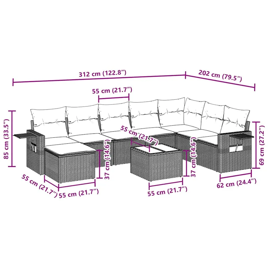 Salon de jardin 9 pcs avec coussins noir résine tressée - 3
