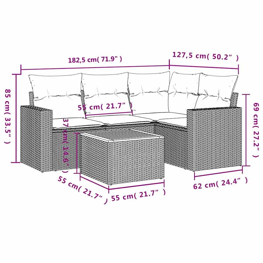 Salon de jardin 5 pcs avec coussins noir résine tressée - 12