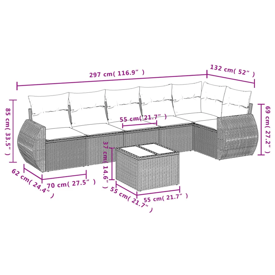 Salon de jardin 7 pcs avec coussins noir résine tressée 71 x 62 x 69 cm - 60,2 kg - 3