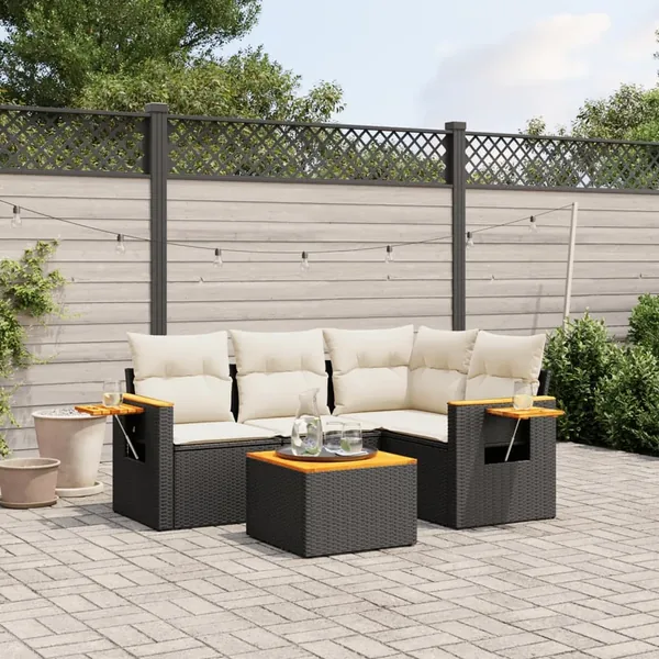Salon de jardin 5 pcs avec coussins noir résine tressée