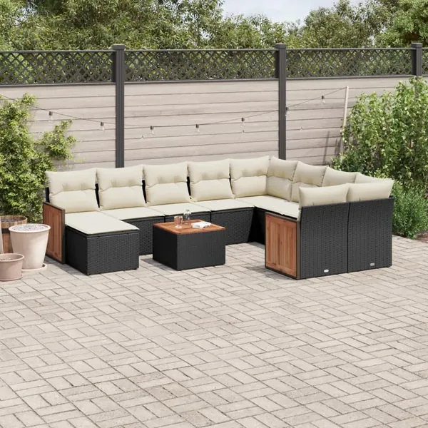 Salon de jardin 11 pcs avec coussins noir résine tressée
