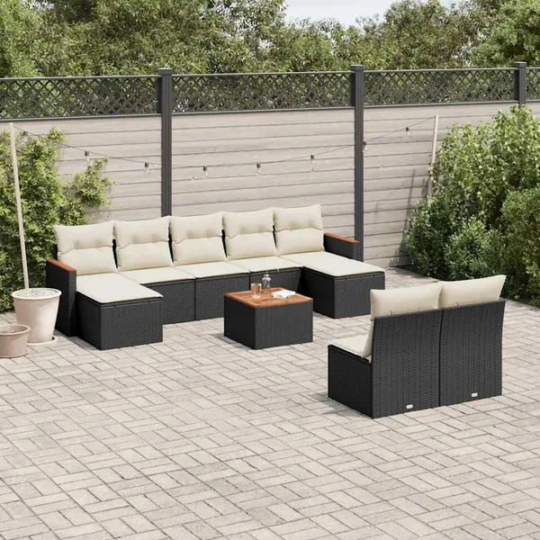Salon de jardin 10 pcs avec coussins noir résine tressée