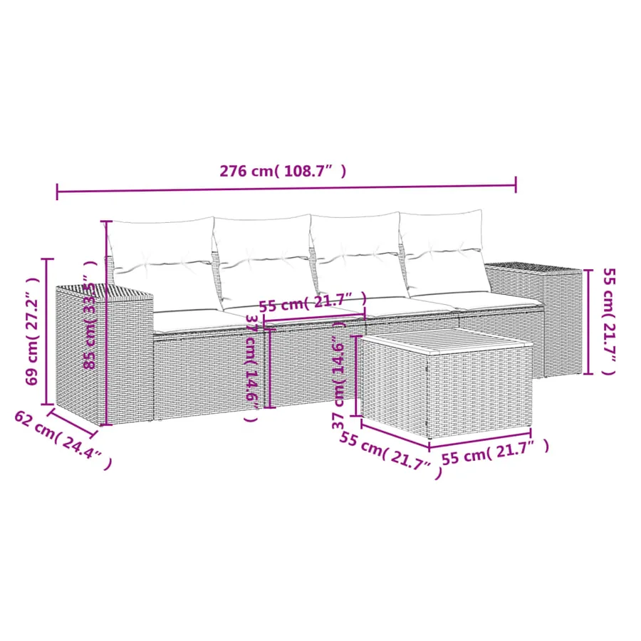 Salon de jardin 5 pcs avec coussins noir résine tressée - 3