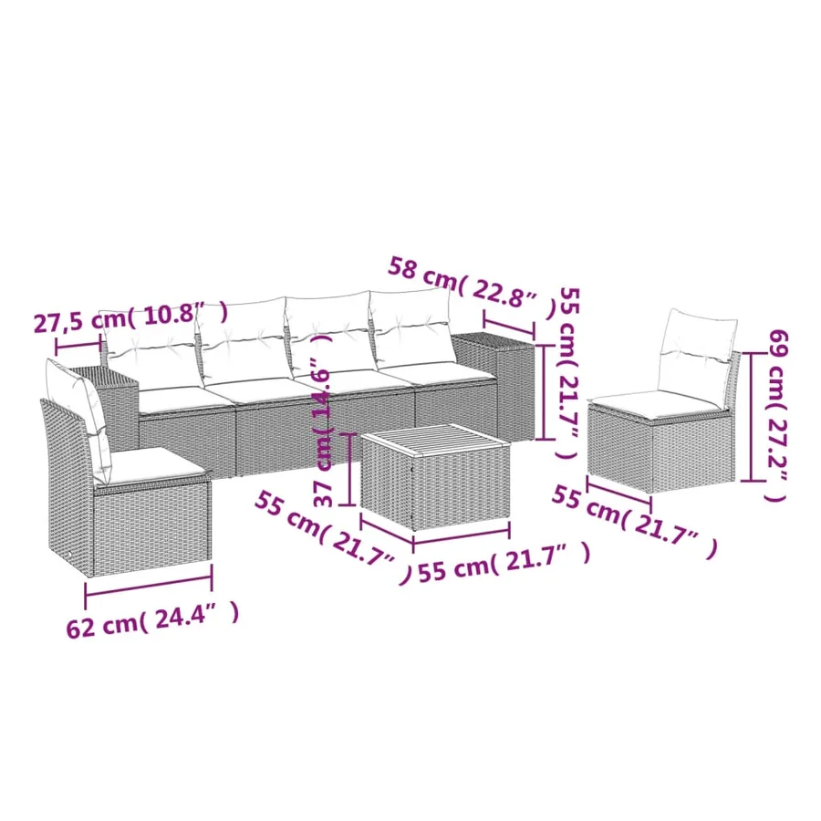 Salon de jardin 7 pcs avec coussins noir résine tressée 55 x 62 x 69 cm - 60,6 kg - 3