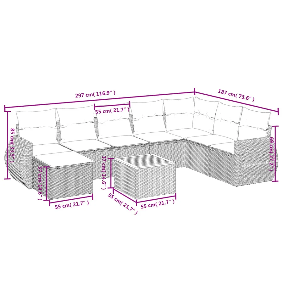 Salon de jardin 9 pcs avec coussins noir résine tressée - 3