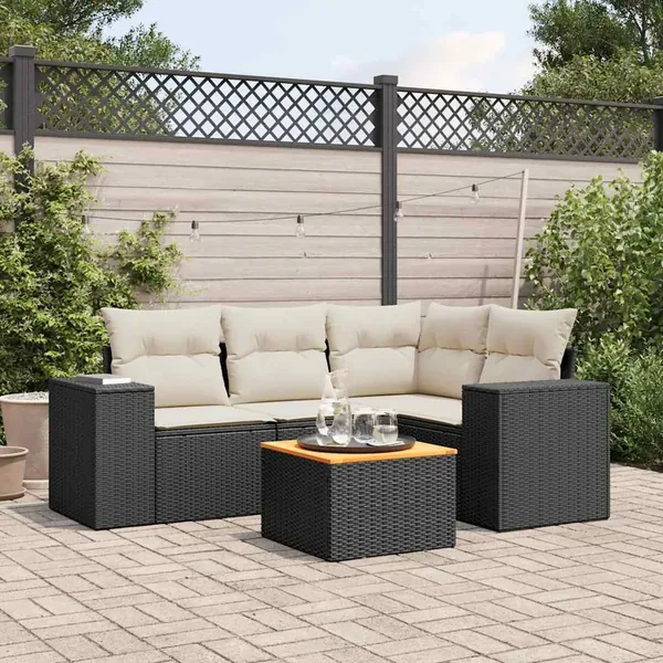 Salon de jardin 5 pcs avec coussins noir résine tressée