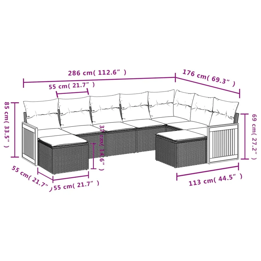 Salon de jardin 9 pcs avec coussins noir résine tressée - 3
