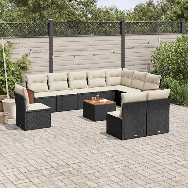 Salon de jardin 11 pcs avec coussins noir résine tressée