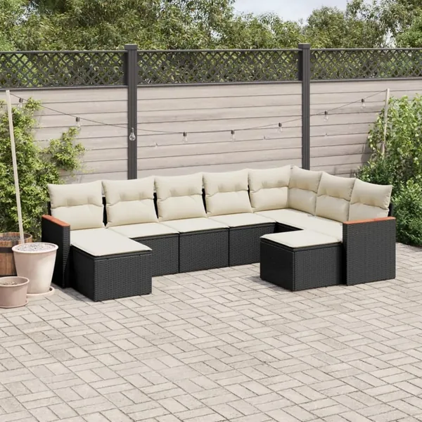 Salon de jardin 9 pcs avec coussins noir résine tressée