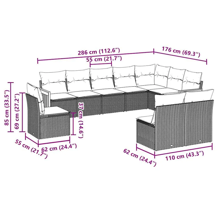 Salon de jardin 10 pcs avec coussins noir résine tressée - 3
